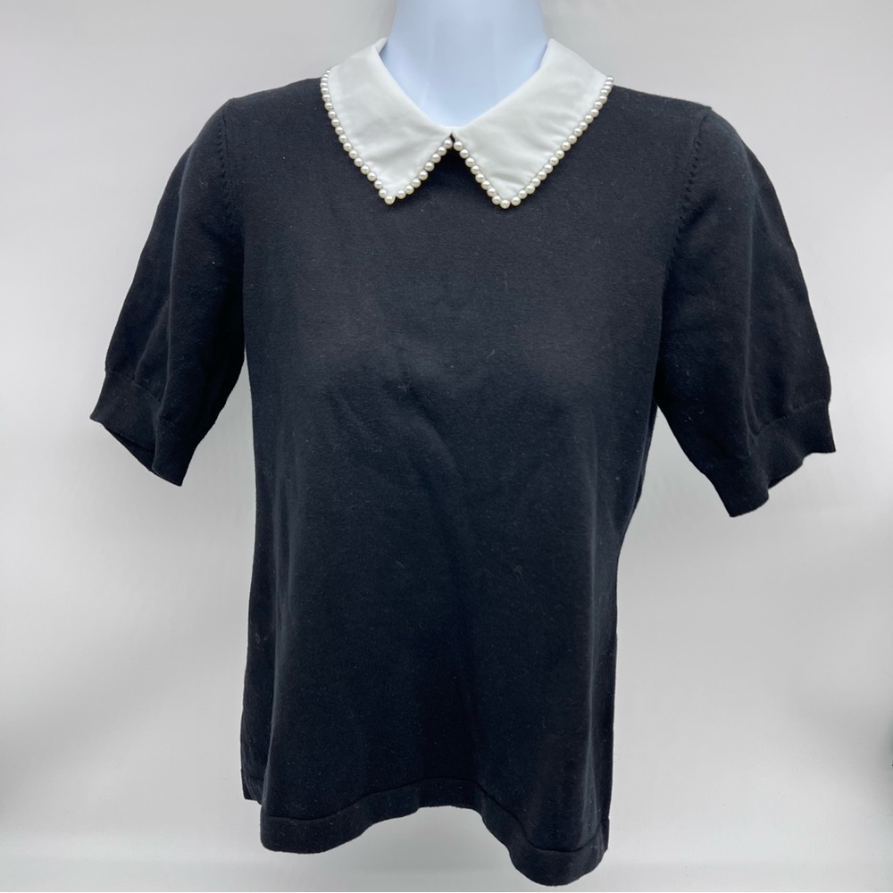 CeCe Black Blouse with Pearl Collar